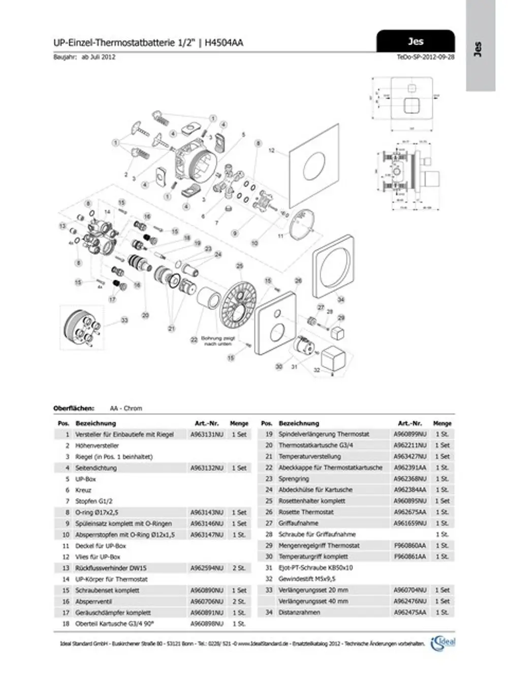 Explosionszeichnung der Ideal Standard UP-Einzel-Thermostatbatterie, mit Teilenummern und Beschreibungen für Montage und Ersatzteile auf einem weißen Hintergrund.